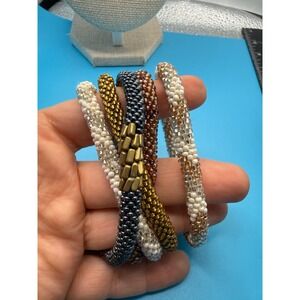 Handmade Seed Bead Roll On Bracelet Set 5pc Metallic Gold Bronze Boho Stacking